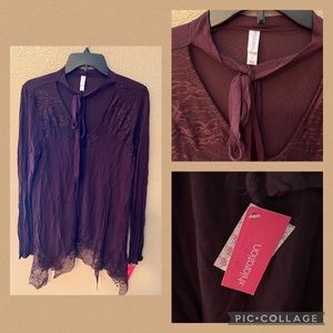 NWT: Xhilaration Maroon Colored Long Sleeved Top with Neck Tie sz. L